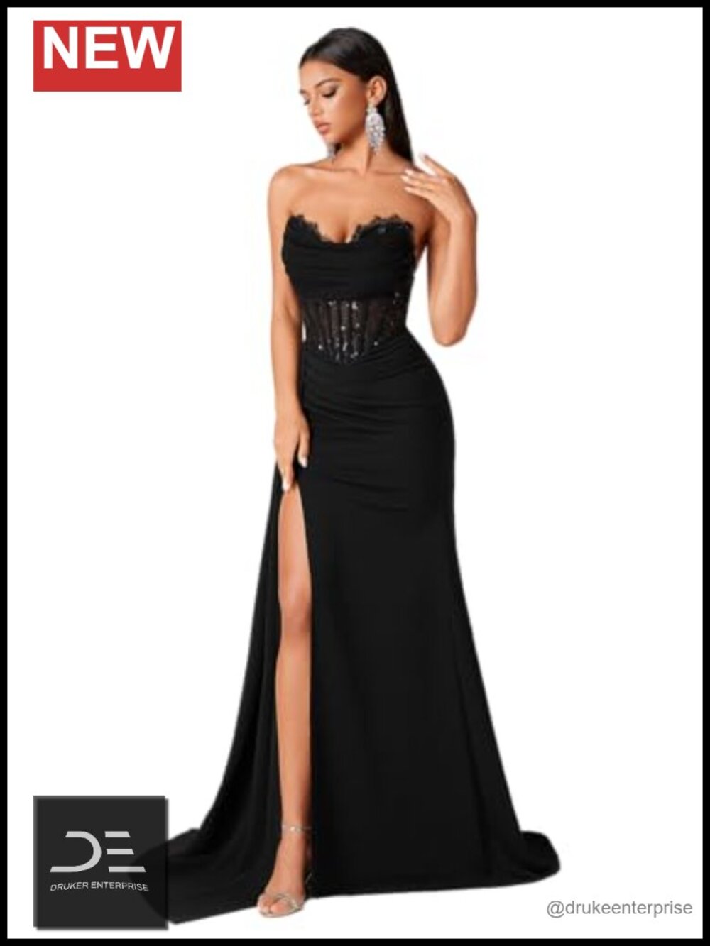 ADYCE Formal Evening Gown Lace Sequin Strapless Bodycon Floor Length Dress